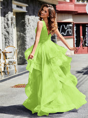 Robe de Soirée Princesse en Tulle à Col en V Longueur au Sol Vert Citron Grande Taille
