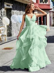 Robe de Soirée Princesse en Tulle à Col en V Longueur au Sol Vert Menthe