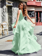 Robe de Soirée Princesse en Tulle à Col en V Longueur au Sol Vert Menthe
