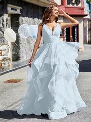 Robe de Soirée Princesse en Tulle à Col en V Longueur au Sol Brume