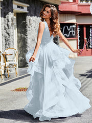 Robe de Soirée Princesse en Tulle à Col en V Longueur au Sol Brume Grande Taille