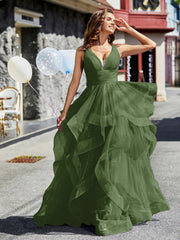 Robe de Soirée Princesse en Tulle à Col en V Longueur au Sol Mousse