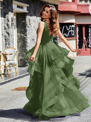 Robe de Soirée Princesse en Tulle à Col en V Longueur au Sol Mousse