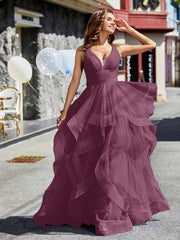 Robe de Soirée Princesse en Tulle à Col en V Longueur au Sol Mûre