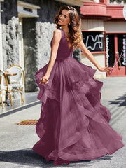 Robe de Soirée Princesse en Tulle à Col en V Longueur au Sol Mûre