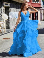 Robe de Soirée Princesse en Tulle à Col en V Longueur au Sol Bleu Océan
