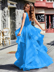 Robe de Soirée Princesse en Tulle à Col en V Longueur au Sol Bleu Océan