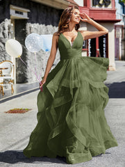 Robe de Soirée Princesse en Tulle à Col en V Longueur au Sol Olive Verte