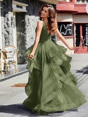 Robe de Soirée Princesse en Tulle à Col en V Longueur au Sol Olive Verte Grande Taille