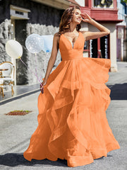 Robe de Soirée Princesse en Tulle à Col en V Longueur au Sol Orange