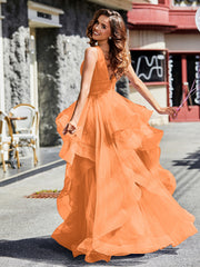 Robe de Soirée Princesse en Tulle à Col en V Longueur au Sol Orange