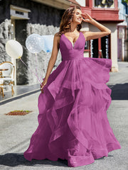 Robe de Soirée Princesse en Tulle à Col en V Longueur au Sol Orchidée