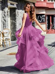 Robe de Soirée Princesse en Tulle à Col en V Longueur au Sol Orchidée
