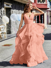 Robe de Soirée Princesse en Tulle à Col en V Longueur au Sol Papaye