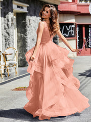 Robe de Soirée Princesse en Tulle à Col en V Longueur au Sol Papaye Grande Taille