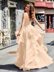 Robe de Soirée Princesse en Tulle à Col en V Longueur au Sol Pêche Grande Taille