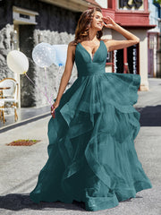 Robe de Soirée Princesse en Tulle à Col en V Longueur au Sol Paon