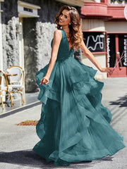 Robe de Soirée Princesse en Tulle à Col en V Longueur au Sol Paon