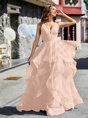 Robe de Soirée Princesse en Tulle à Col en V Longueur au Sol Rose Perle
