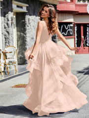 Robe de Soirée Princesse en Tulle à Col en V Longueur au Sol Rose Perle