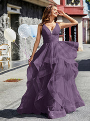 Robe de Soirée Princesse en Tulle à Col en V Longueur au Sol Plum Grande Taille