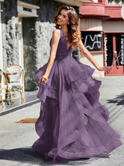 Robe de Soirée Princesse en Tulle à Col en V Longueur au Sol Plum Grande Taille
