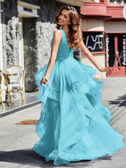 Robe de Soirée Princesse en Tulle à Col en V Longueur au Sol Piscine