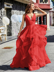 Robe de Soirée Princesse en Tulle à Col en V Longueur au Sol Rouge