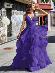 Robe de Soirée Princesse en Tulle à Col en V Longueur au Sol Régence