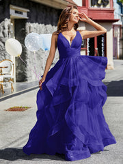 Robe de Soirée Princesse en Tulle à Col en V Longueur au Sol Bleu Royale Grande Taille