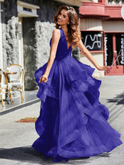 Robe de Soirée Princesse en Tulle à Col en V Longueur au Sol Bleu Royale