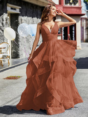 Robe de Soirée Princesse en Tulle à Col en V Longueur au Sol Rouille