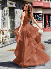 Robe de Soirée Princesse en Tulle à Col en V Longueur au Sol Rouille Grande Taille