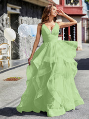 Robe de Soirée Princesse en Tulle à Col en V Longueur au Sol Sauge Grande Taille