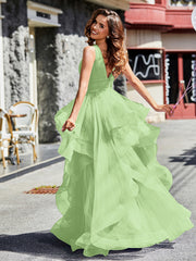 Robe de Soirée Princesse en Tulle à Col en V Longueur au Sol Sauge Grande Taille