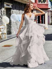 Robe de Soirée Princesse en Tulle à Col en V Longueur au Sol Argent Grande Taille
