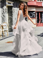 Robe de Soirée Princesse en Tulle à Col en V Longueur au Sol Argent