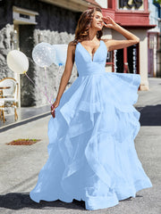 Robe de Soirée Princesse en Tulle à Col en V Longueur au Sol Bleu Ciel Grande Taille