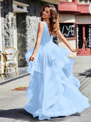 Robe de Soirée Princesse en Tulle à Col en V Longueur au Sol Bleu Ciel Grande Taille