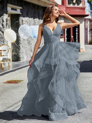 Robe de Soirée Princesse en Tulle à Col en V Longueur au Sol Bleu de Schiste