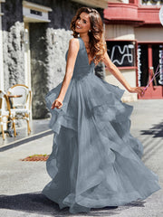 Robe de Soirée Princesse en Tulle à Col en V Longueur au Sol Bleu de Schiste