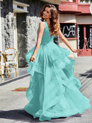 Robe de Soirée Princesse en Tulle à Col en V Longueur au Sol Spa Grande Taille