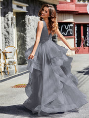 Robe de Soirée Princesse en Tulle à Col en V Longueur au Sol Gris Acier