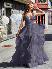 Robe de Soirée Princesse en Tulle à Col en V Longueur au Sol Orageux Grande Taille