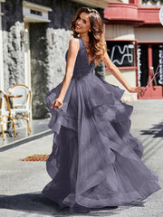 Robe de Soirée Princesse en Tulle à Col en V Longueur au Sol Orageux Grande Taille