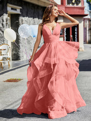 Robe de Soirée Princesse en Tulle à Col en V Longueur au Sol Sunset Grande Taille