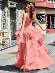 Robe de Soirée Princesse en Tulle à Col en V Longueur au Sol Sunset