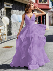 Robe de Soirée Princesse en Tulle à Col en V Longueur au Sol Tahiti Grande Taille
