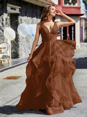 Robe de Soirée Princesse en Tulle à Col en V Longueur au Sol Terracotta