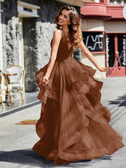 Robe de Soirée Princesse en Tulle à Col en V Longueur au Sol Terracotta